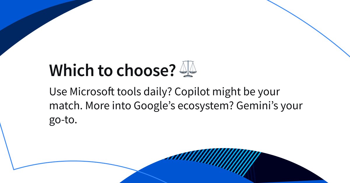 coursera's tweet photo. Microsoft Copilot vs. Google Gemini: Which AI tool is right for you? 🤖💻 

These powerful tools are transforming the world we live in, and understanding their differences can help you choose the best fit for your needs. Swipe through to learn more! 

For an overview of Gemini, consider Google Cloud’s Introduction to Gemini for Google Workspace. https://t.co/VGhay5YFZd

If you want to expand your knowledge of Copilot, look into Microsoft Copilot: Your Everyday AI Companion Specialization. https://t.co/j2XdRK3weK

#AI #Technology #MicrosoftCopilot #GoogleGemini #TechTrends #Coursera