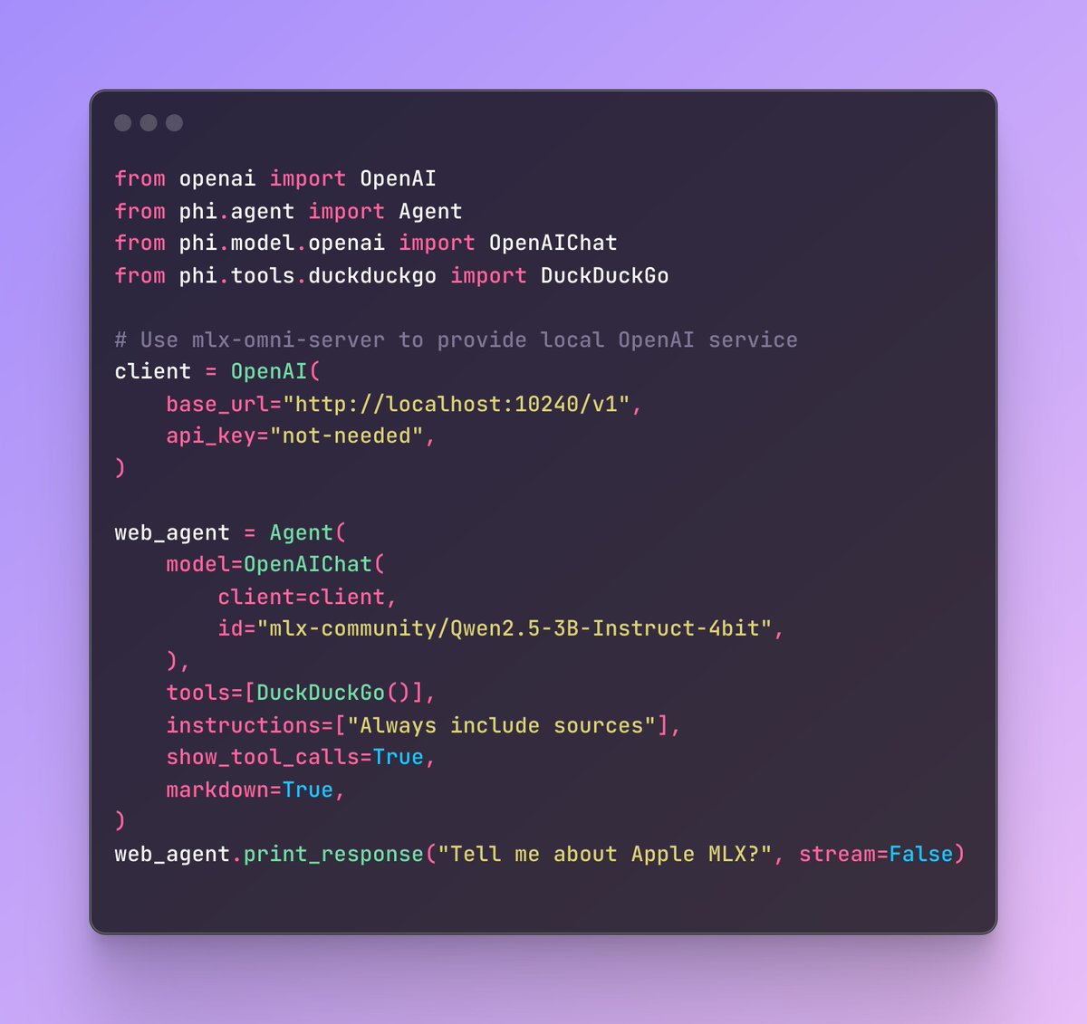 Madroidmaq's tweet photo. 💡 Function Calling just got much better!

With @phidata, it's incredibly simple to add web search to your AI app - even with a tiny 4-bit quantized 3B model!

Check out how clean this implementation and the result https://t.co/4z2XZqpfAH