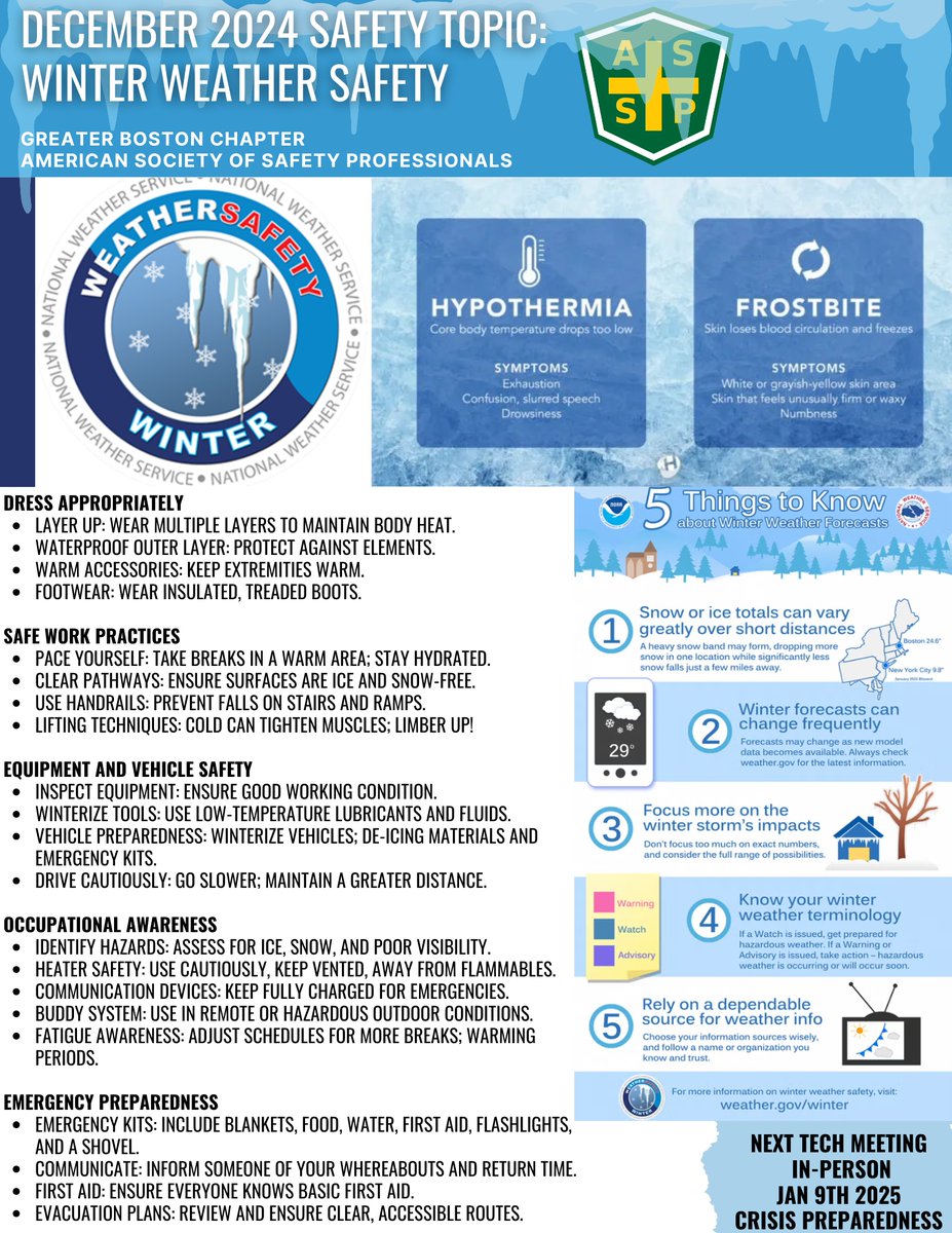 GBC_ASSP's tweet photo. Do you know the signs of hypothermia or frostbite? 

Check out December's Safety Topic on Winter Weather Safety.

Also, don't forget to mark your calendar for our Upcoming In-Person Technical Meeting: Crisis Management January 9th, 2025!
#winterweather #frostbite #wintersafety https://t.co/MBbymJgofQ
