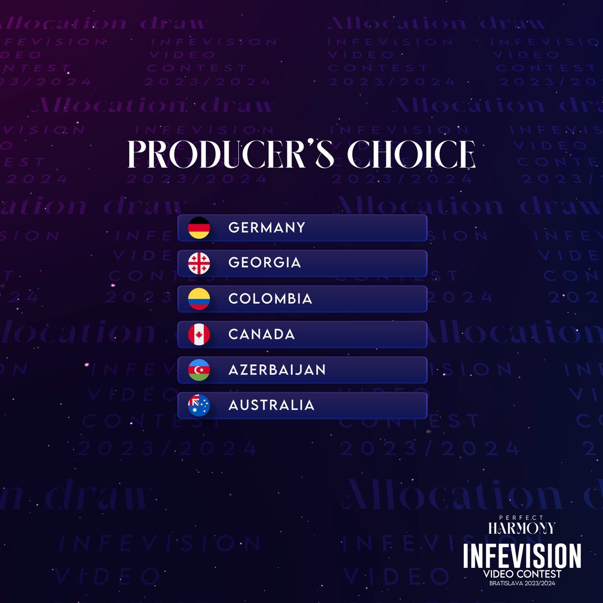 infevision's tweet image. The Allocation Draw of the 2023/2024 @INFEVision Video Contest has taken place last week-end as part of the Opening Ceremony of the INFEVision season!

After the draw has been done, this is how each country will be performing in the Grand Final of the 2023/2024 edition of the…