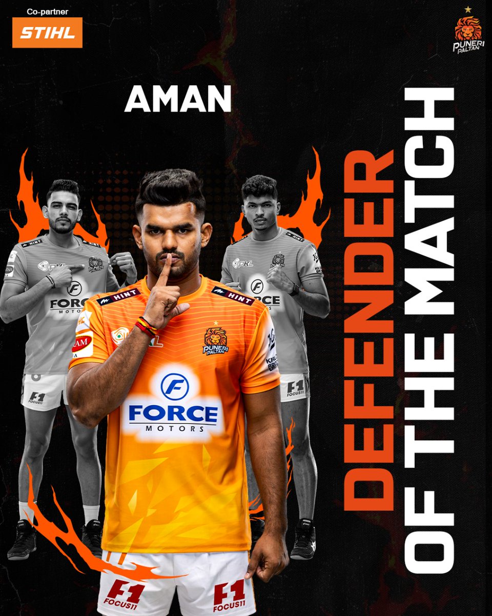 PuneriPaltan's tweet photo. Super tackle ✅
High 5 ✅
Aman ticked every box tonight with his performance
#Match20 | #PTNvsPUN | #PuneriPaltan | #PaltangiriContinues | #पुन्हाहोऊदेPaltangiri | #PKL11 | #ProKabaddi https://t.co/zAi7NrXNPZ