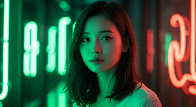 Prompt: A portrait of an Asian woman with neon green lights in the background, shallow depth of field.