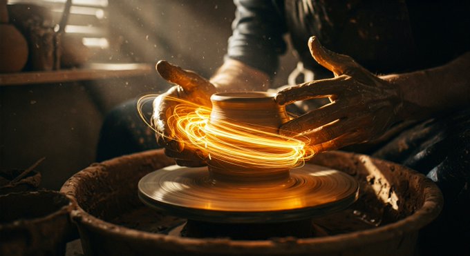 Prompt: An extreme close-up of a craftsperson's hands shaping a glowing piece of pottery on a wheel. Threads of golden, luminous energy connect the potter’s hands to the clay, swirling dynamically with their movements.
