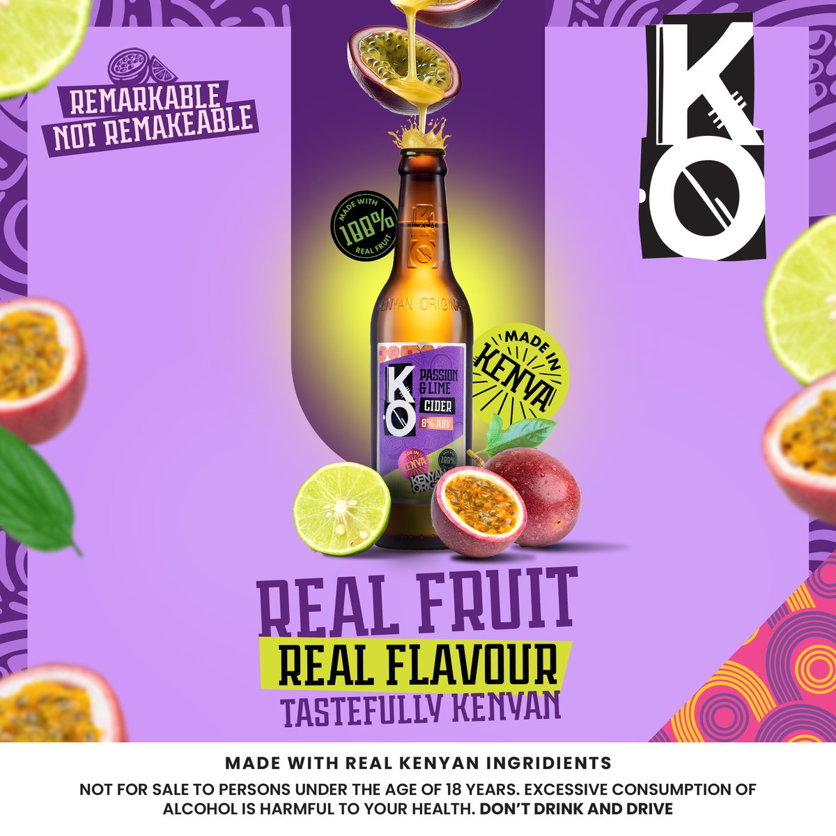 From farm to bottle, we keep it 100% real to deliver a refreshingly bold, remarkable taste. 

Our Passion &amp; Lime cider is a fruity explosion, full of flavour - this is what good taste is all about!

#RemarkableNotRemakable #KenyanOriginals