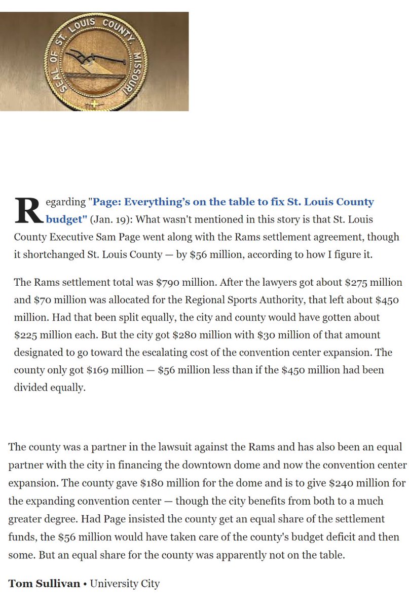 JaneDueker's tweet photo. A very good read!! Tom Sullivan reminds County voters that Page gave away $56 million of Rams settlement to the City. #ScamPage has never explained why he agreed. Now he is threatening to stop senior tax freeze. #Scam is a fraud. https://t.co/VsodPaQF3r