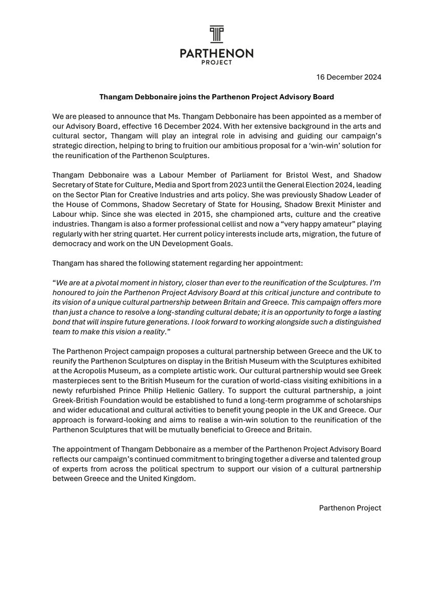 Parthenon Project (@uniteparthenon) on Twitter photo We are thrilled to announce that <a href="/ThangamDebb/">Thangam Debbonaire</a> has joined our Advisory Board. With her vast experience in arts and culture, Thangam will be key in shaping our campaign's strategy and making our vision for the reunification of the Parthenon Sculptures a reality. Welcome Thangam! We are thrilled to announce that <a href="/ThangamDebb/">Thangam Debbonaire</a> has joined our Advisory Board. With her vast experience in arts and culture, Thangam will be key in shaping our campaign's strategy and making our vision for the reunification of the Parthenon Sculptures a reality. Welcome Thangam!