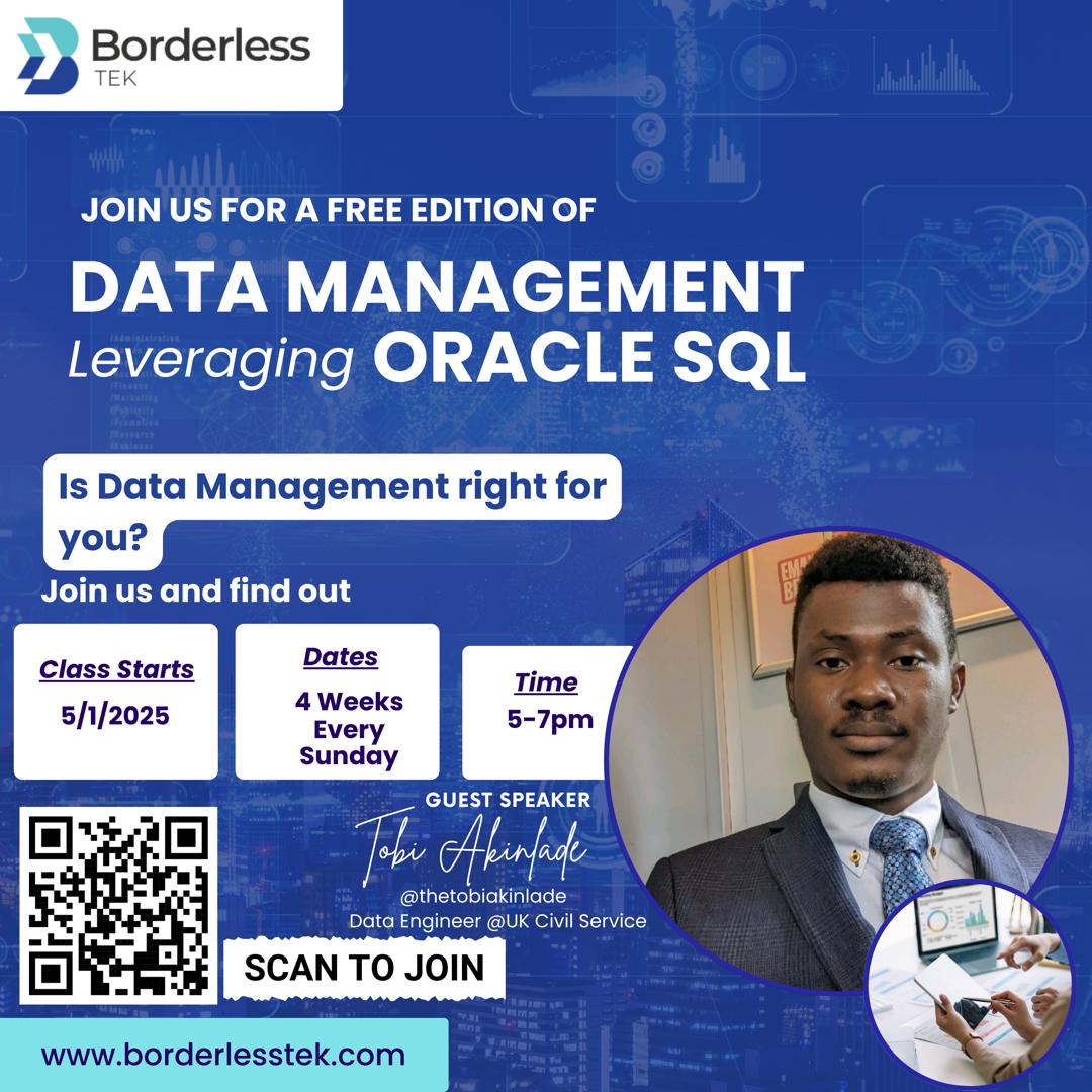 Join us for a free edition of #Data Management Classes leveraging Oracle SQL

Is Data Management right for you?
Join us and find out.

Class Starts - 05/01/2025
Dates - 4 weeks(Every Sunday)
Time - 5pm to 7pm

Register - bit.ly/3Zw0IsM