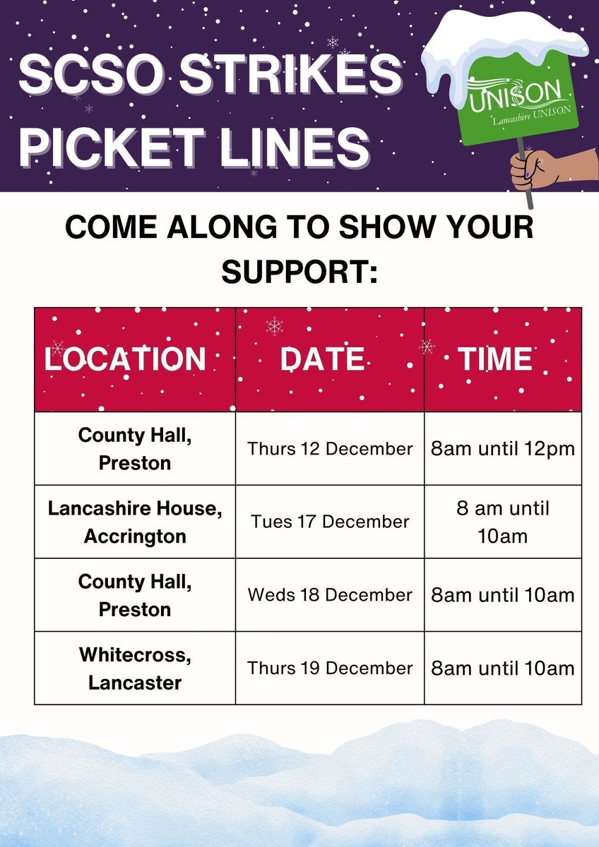 UNISONLANCS's tweet photo. Just a quick reminder about our upcoming pickets for the Social Care Support Office strike. ๐ช Show your support with SCSOs and stand in solidarity. Together, weโre stronger! โ #Solidarity #SCSOs
For further info: https://t.co/1S9UOKRBIb https://t.co/jo5n66cxhP