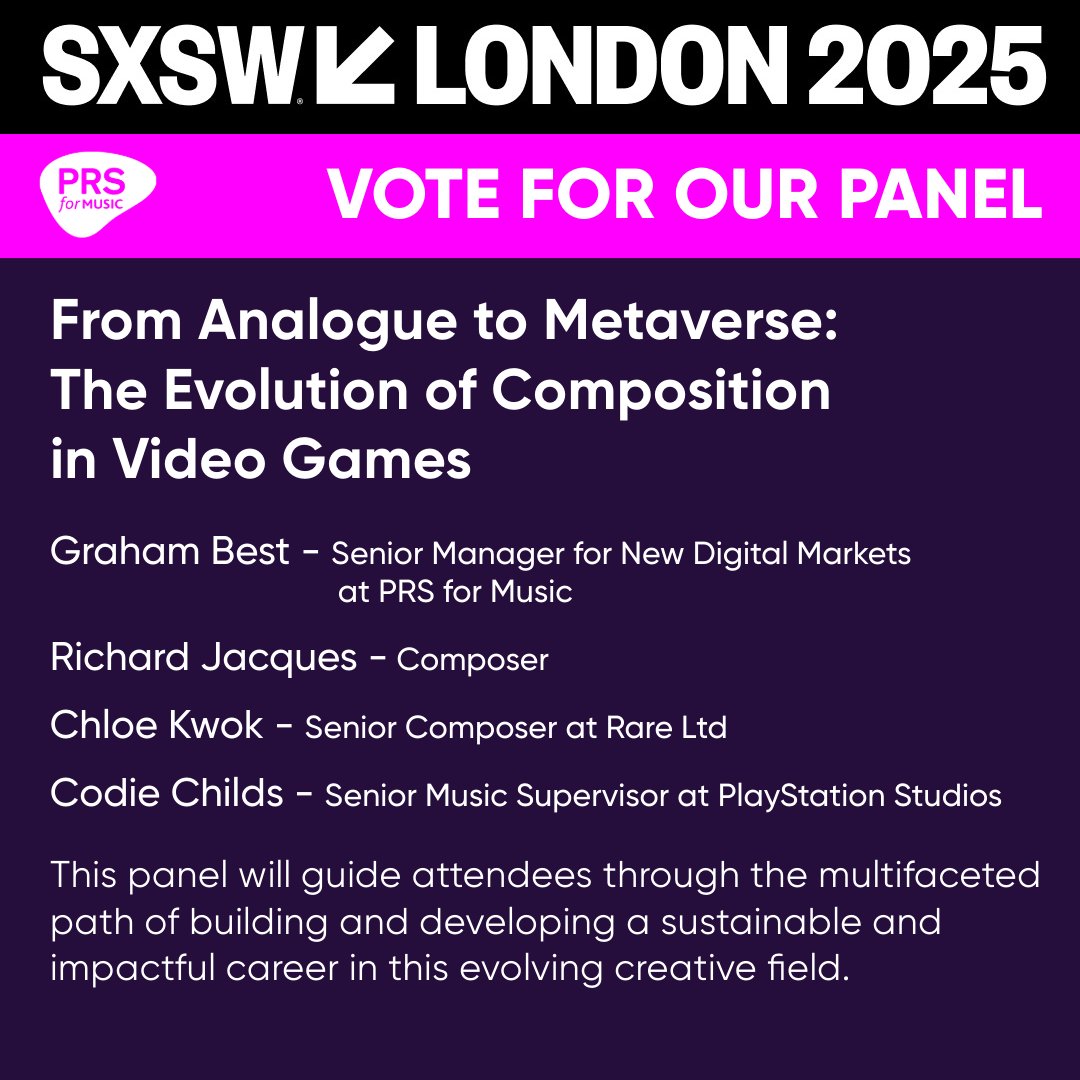 PRS for Music (@prsformusic) on Twitter photo SXSW London's panel voting is now open. We've submitted a panel for the conference, vote online now. 🗳️
From Analogue to Metaverse: The Evolution of Composition in Video Games - prs.info/gQ7A50UrPn3
#SXSWLondon <a href="/Richard_Jacques/">Richard Jacques</a> <a href="/Kwokwokwokwok/">Chloe Kwok</a> <a href="/codie_c/">Codie Childs</a> SXSW London's panel voting is now open. We've submitted a panel for the conference, vote online now. 🗳️
From Analogue to Metaverse: The Evolution of Composition in Video Games - prs.info/gQ7A50UrPn3
#SXSWLondon <a href="/Richard_Jacques/">Richard Jacques</a> <a href="/Kwokwokwokwok/">Chloe Kwok</a> <a href="/codie_c/">Codie Childs</a>