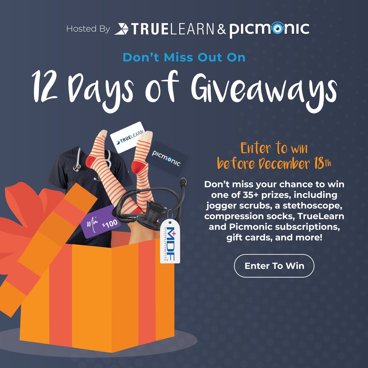 picmonic's tweet image. Have you entered into TrueLearn and Picmonic’s 12 Days of Giveaways yet? 🎁
It ends on December 18th!
Click the link here to join the fun before it’s over: bit.ly/12_days_giveaw…
#giveaway #picmonic #truelearn #holiday #nursing #medicine #healthcare