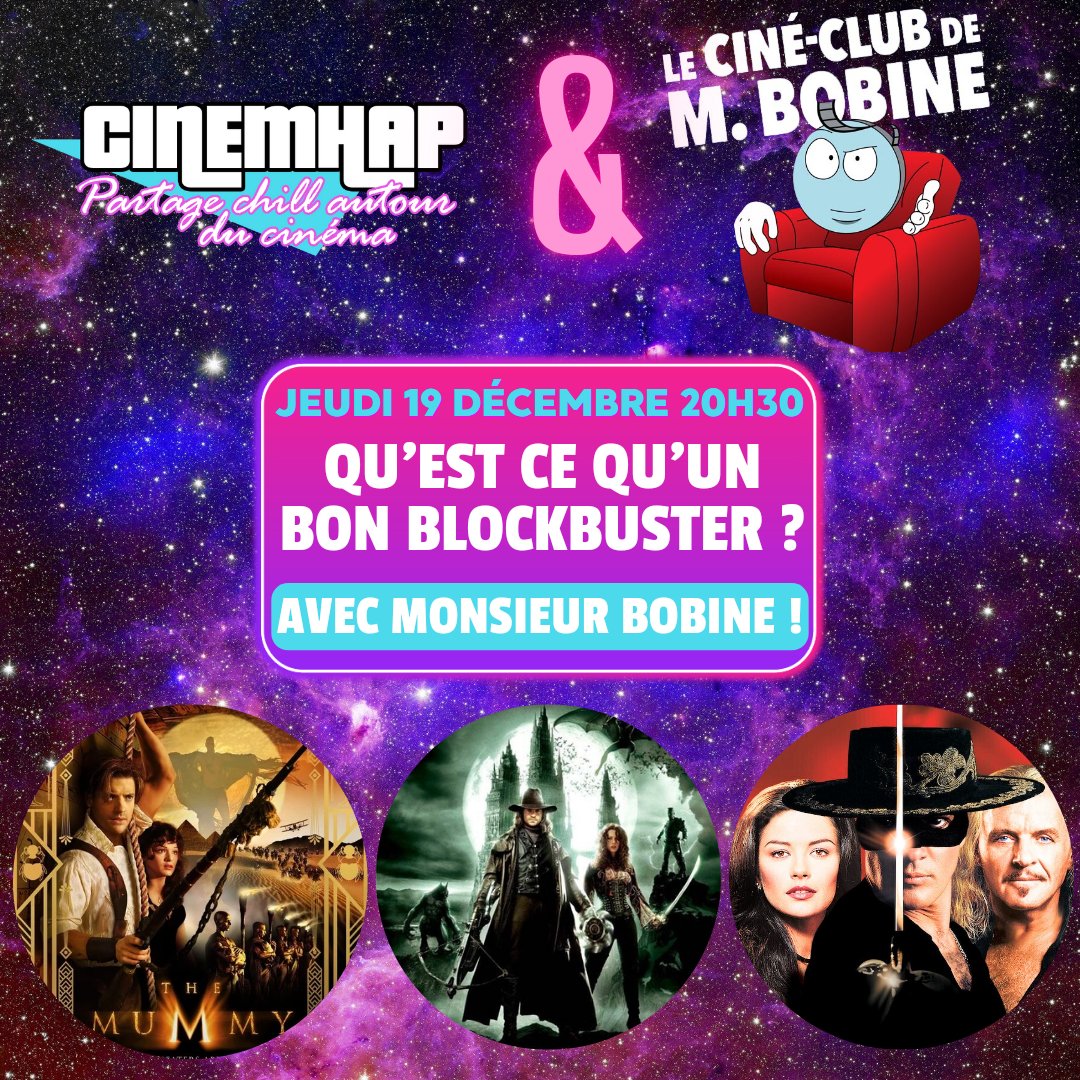 Julien de <a href="/MonsieurBobine/">Monsieur Bobine</a> sera avec nous pour parler de block busters : quand on aime ça, qu'est ce qui différencie les bons des mauvais ? Et pourquoi les bons sont souvent réalisés par Stephen Sommers ?🍿😏

Rdv jeudi à 20h30  (un peu + tard cette fois)  ⬇️