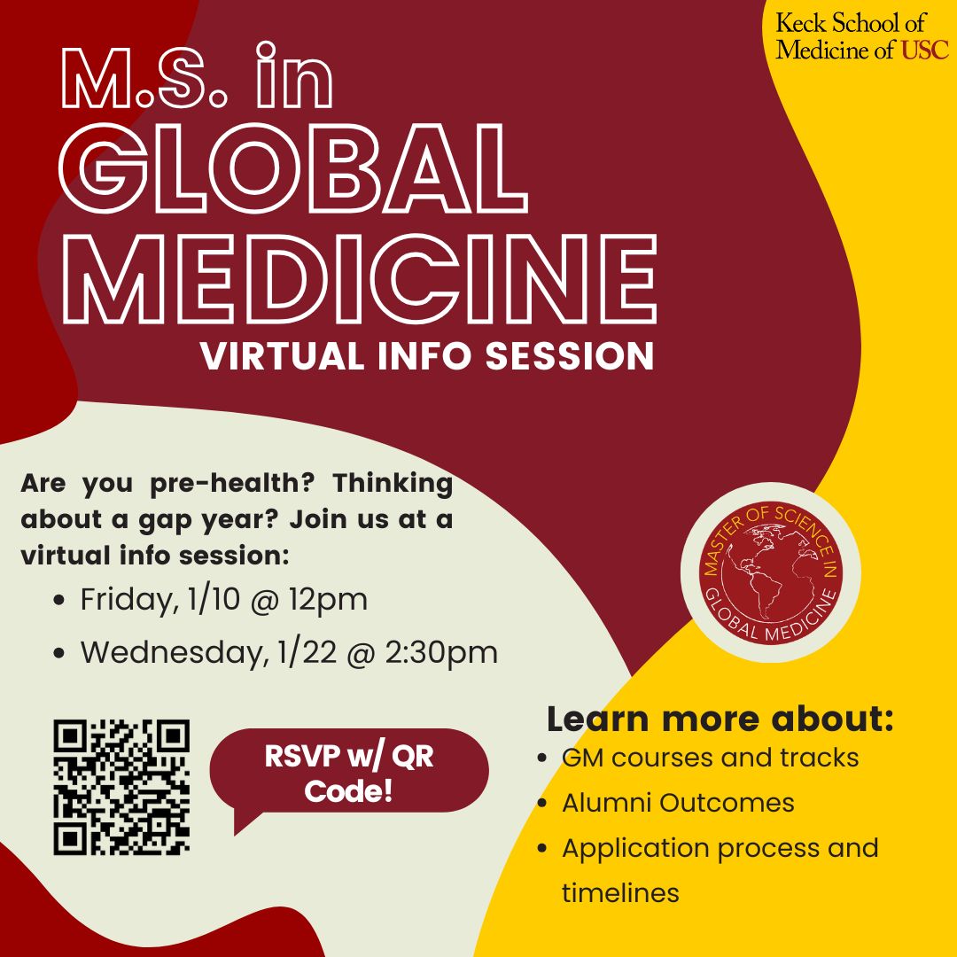USCGlobalMed's tweet photo. Thinking about earning your M.S. in Global Medicine degree? Learn more at an upcoming virtual info session! RSVP link in BIO or Scan the QR Code!
#GlobalHealth #PublicHealth #KeckSchoolOfMedicine #USC #GlobalMedicine #PreMed #PreHealth #PreDental #PrePA https://t.co/yzNh3F1OIG
