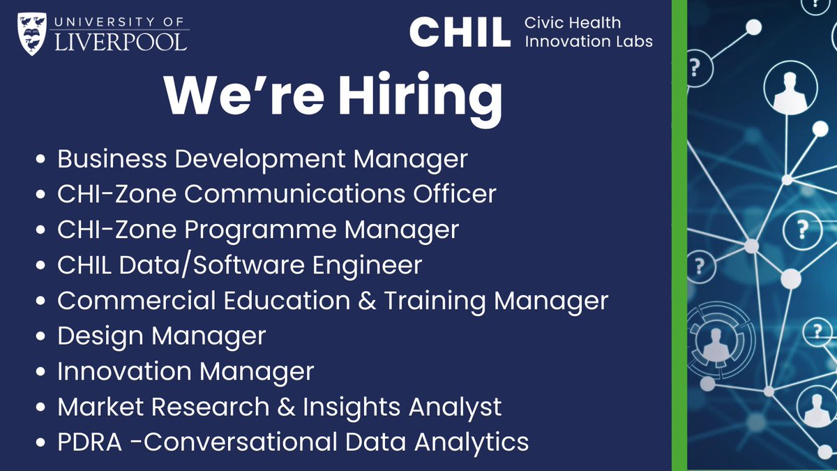 Civic Health Innovation Labs (@livunichil) on Twitter photo The Civic HealthTech Innovation Zone is being established so, we're expanding in the new year, and are delighted to share a range of opportunities to join our team <a href="/LivUni/">University of Liverpool</a>. Visit : shorturl.at/id9h7 & search 'Civic Health Innovation Lab' for descriptions of all the roles ⬇️ The Civic HealthTech Innovation Zone is being established so, we're expanding in the new year, and are delighted to share a range of opportunities to join our team <a href="/LivUni/">University of Liverpool</a>. Visit : shorturl.at/id9h7 & search 'Civic Health Innovation Lab' for descriptions of all the roles ⬇️