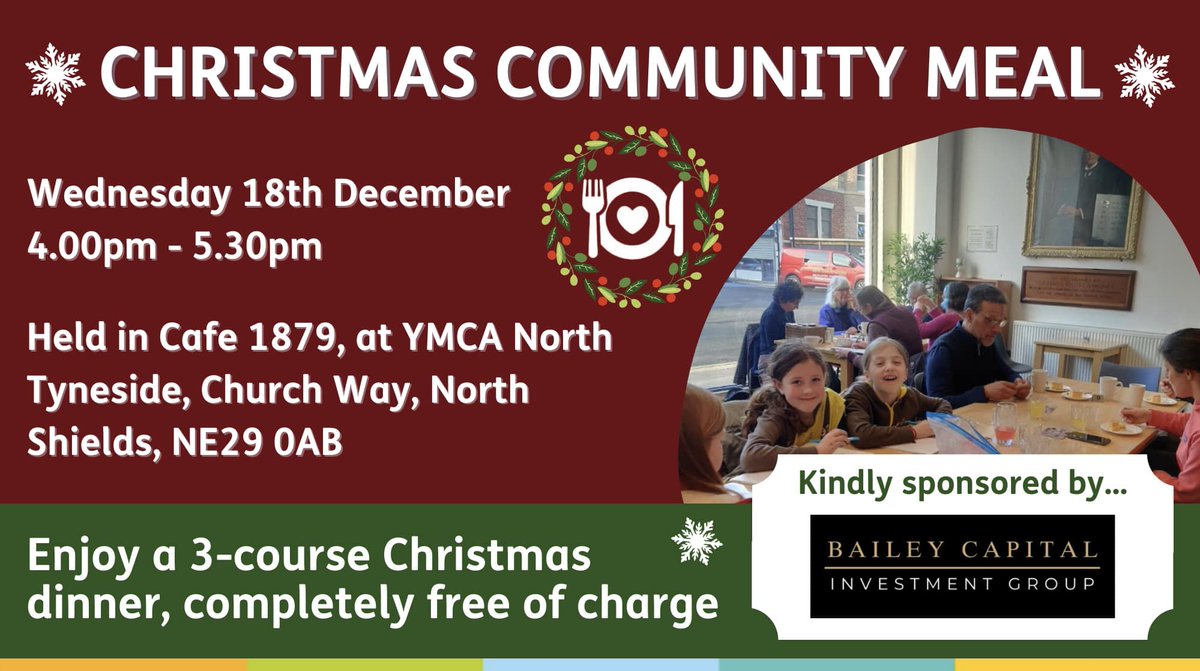 Join us this Wednesday 18th December for our Christmas Community Meal!🎅

Enjoy a comforting 3 course Christmas dinner with some friendly faces, completely free of charge, all made possible by our sponsor Bailey Capital. 

#YMCA #communitymeal