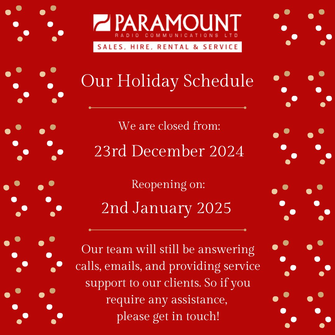 ParamountComms's tweet photo. Mark your calendars — our holiday schedule is here! ⏰🎁

In the meantime, if you require any assistance, please get in touch on 020 7288 6370 or at sales@paramountcomms.co.uk

When Communications are Paramount to you!

#paramount #communications #twowayradios https://t.co/WWZS4oqY4n