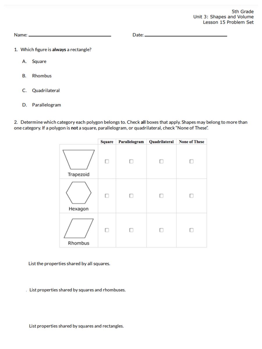 Math Monday: Today's 5th grade worksheet helps students define and classify different types of quadrilaterals. >> fshtnk.org/3APYLiq Want more? Find all of our free 3rd-5th grade math worksheets >> fshtnk.org/4eEg57I