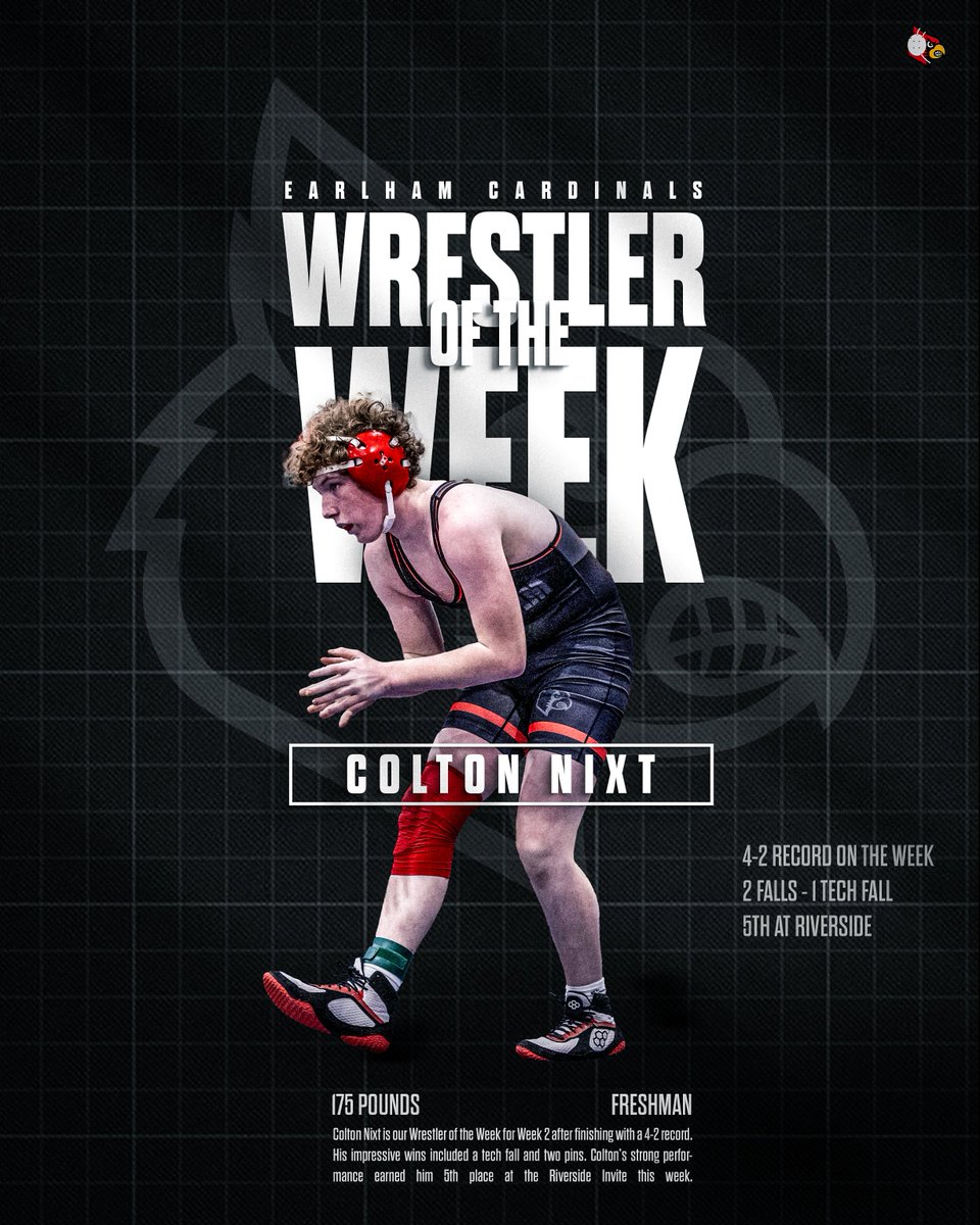 Earlham Wrestling (@earlhamwrestle) on Twitter photo Colton Nixt is our Wrestler of the Week for Week 2 after finishing with a 4-2 record. His impressive wins included a tech fall and two pins. Colton’s strong performance earned him 5th place at the Riverside Invite this week. #SetTheStandard Colton Nixt is our Wrestler of the Week for Week 2 after finishing with a 4-2 record. His impressive wins included a tech fall and two pins. Colton’s strong performance earned him 5th place at the Riverside Invite this week. #SetTheStandard