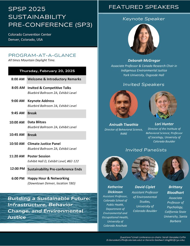 📣 Registration is open for the 2025 SPSP Sustainability Preconference: Building a Sustainable Future: Infrastructure, Behavior Change, and Environmental Justice. Join us in Denver on Feb 20, 2025. ❄️
👉 Early bird rates (until Jan 16): Register now: bit.ly/RegisterSP32025 🎯
