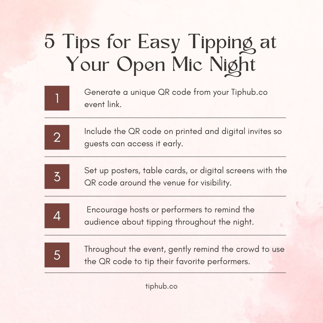 Calling all open mic organizers! Make tipping easier for your performers.

Sign up on Tiphub.co and let your audience tip performers directly, showing love for their favorite acts. Share your link by printing a QR code on invites or putting it up at the venue!