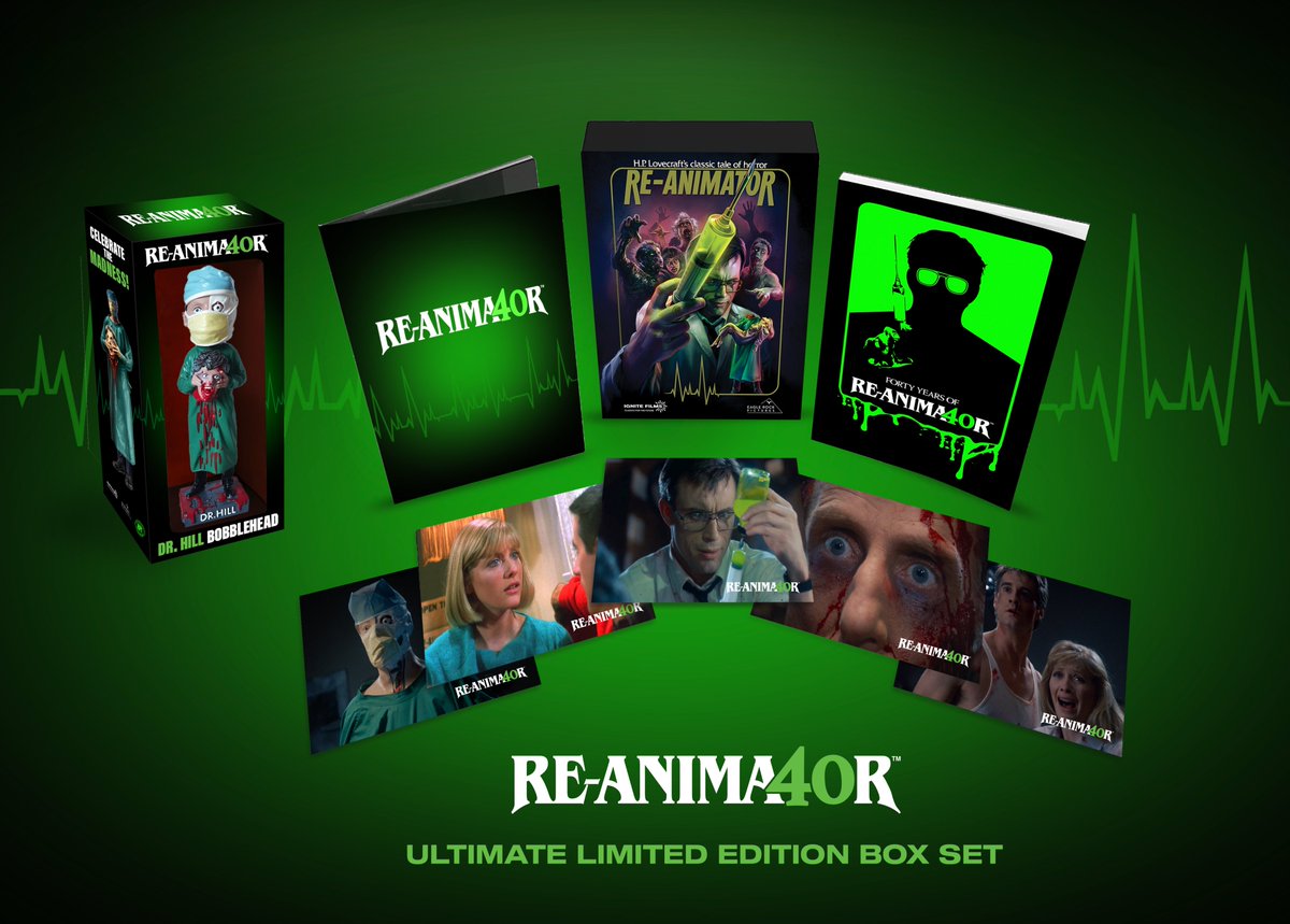 BDisgusting's tweet photo. Stuart Gordon's RE-ANIMATOR celebrates 40 years with a stunning new 4K restoration from Ignite Films (@frommars1953) next year, and Bloody Disgusting has been provided with the exclusive reveal of all FOUR jam-packed physical media editions: https://t.co/q2PhATCcYx https://t.co/ExqdrfI6RP