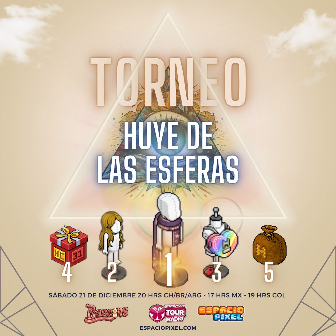🚨 Torneo Huye de las Esferas 🚨

Dentro de la parada de <a href="/tomorrowhbb/">TOMORROW</a> en EP, tendremos un torneo por los siguientes premios:

🥇Maxi Bufanda
🥈Ondas Recién Levantada
🥉Mochila Arcoíris 
🏅Caja HC
🎖️ Saco 20c

Te esperamos en punto de las 20:00 Hrs Chile 🧑‍🚀🪐🚀