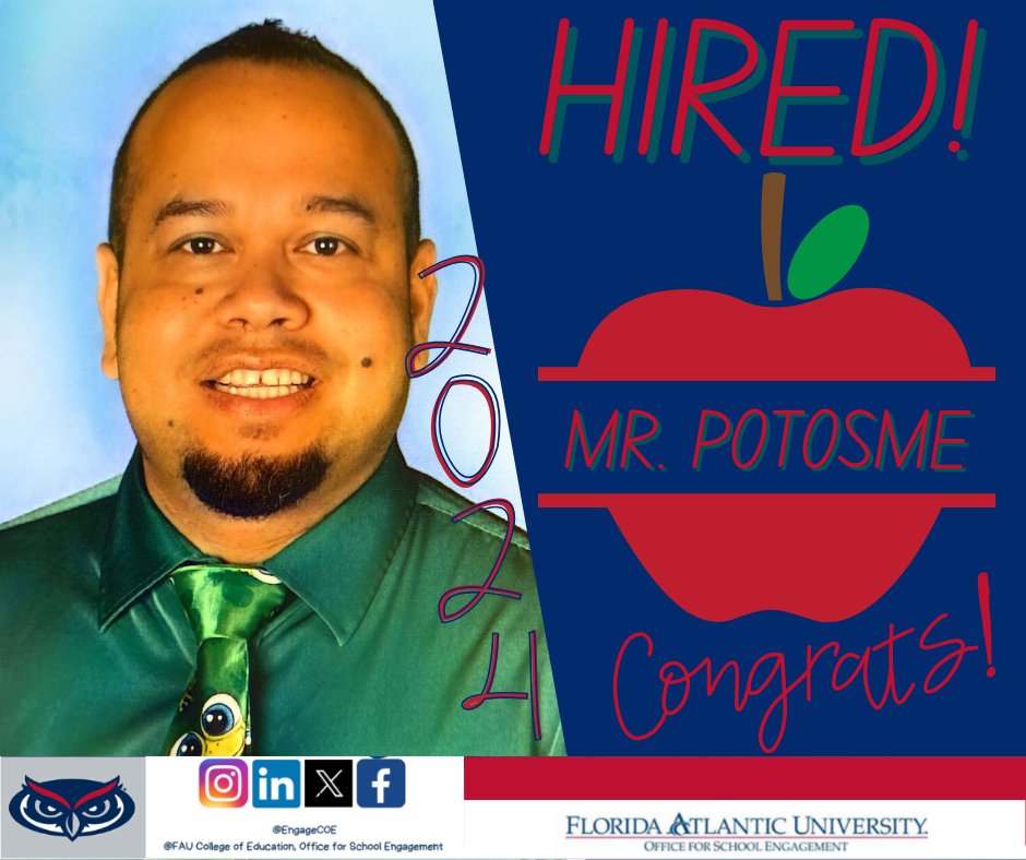 HIRED!!!
Marnor Potosme
Forest Hill Elementary
2nd Grade ASD
Congratulations 📷📷
#FAU24 #FAUGrad #FAUStudentTeacher #FAUAIT #FloridaAtlanticUniversity
@fauteach <a href="/pbcsd/">The School District of Palm Beach County</a>