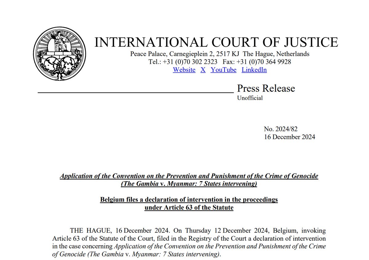 CIJ_ICJ's tweet photo. PRESS RELEASE: Belgium, invoking Article 63 of the #ICJ Statute, filed a declaration of intervention in the case #TheGambia v. #Myanmar: 7 States intervening. https://t.co/sGDiAqSO7A https://t.co/tF7t2hiQk3
