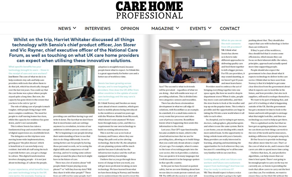 NCFCareForum's tweet photo. This month @carehomepro features coverage of a member trip to Norway & visits to settings using #Sensio technology & a writeup of a fireside chat about the future of tech in care between @vicrayner & Sensio's Chief Product Officer https://t.co/XiEud4UDk4 @BevNCF @NCF_HelenG https://t.co/WPwVQ58JEe