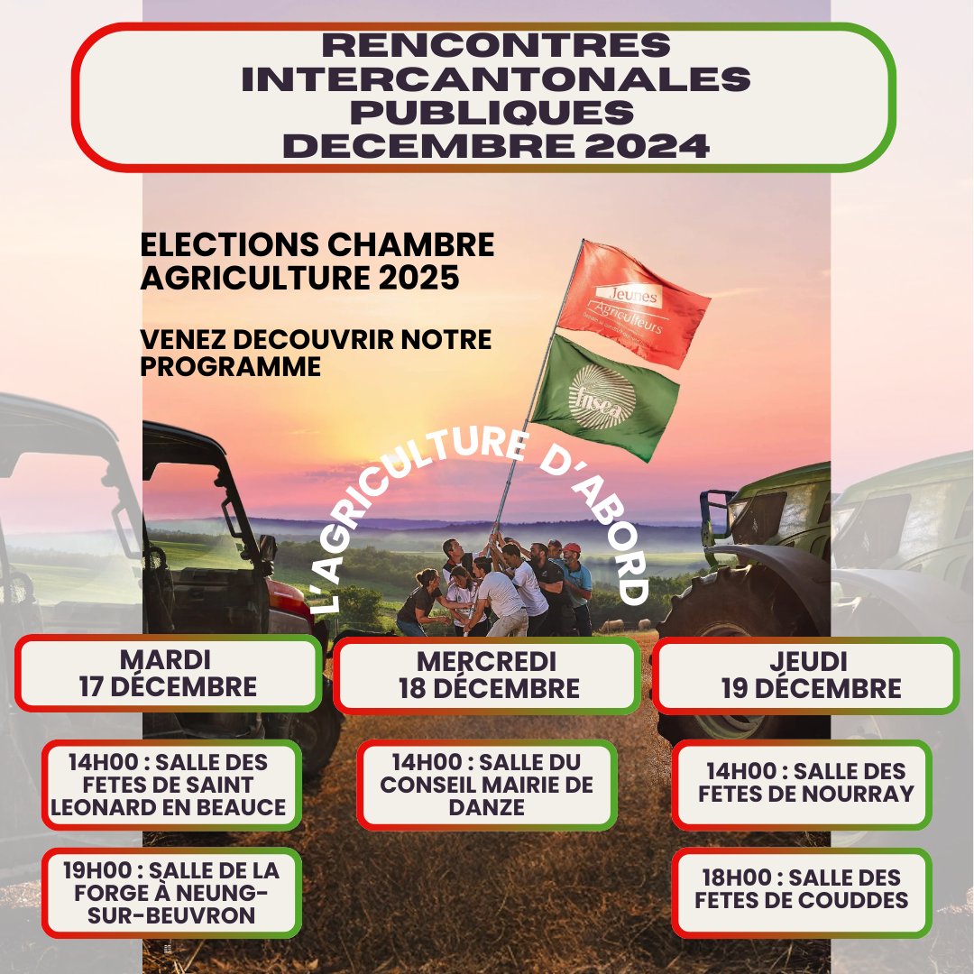 Fnsea41's tweet photo. 🌾 Participez aux réunions publiques FNSEA 41 & JA 41 ! 📷 17, 18 et 19 décembre 2024 📷 Échangez et bâtissons ensemble l’agriculture de demain dans le Loir-et-Cher ! #JA41 #AgricultureDurable #LoirEtCher
@JeunesAgri41 https://t.co/zML7hI90qy