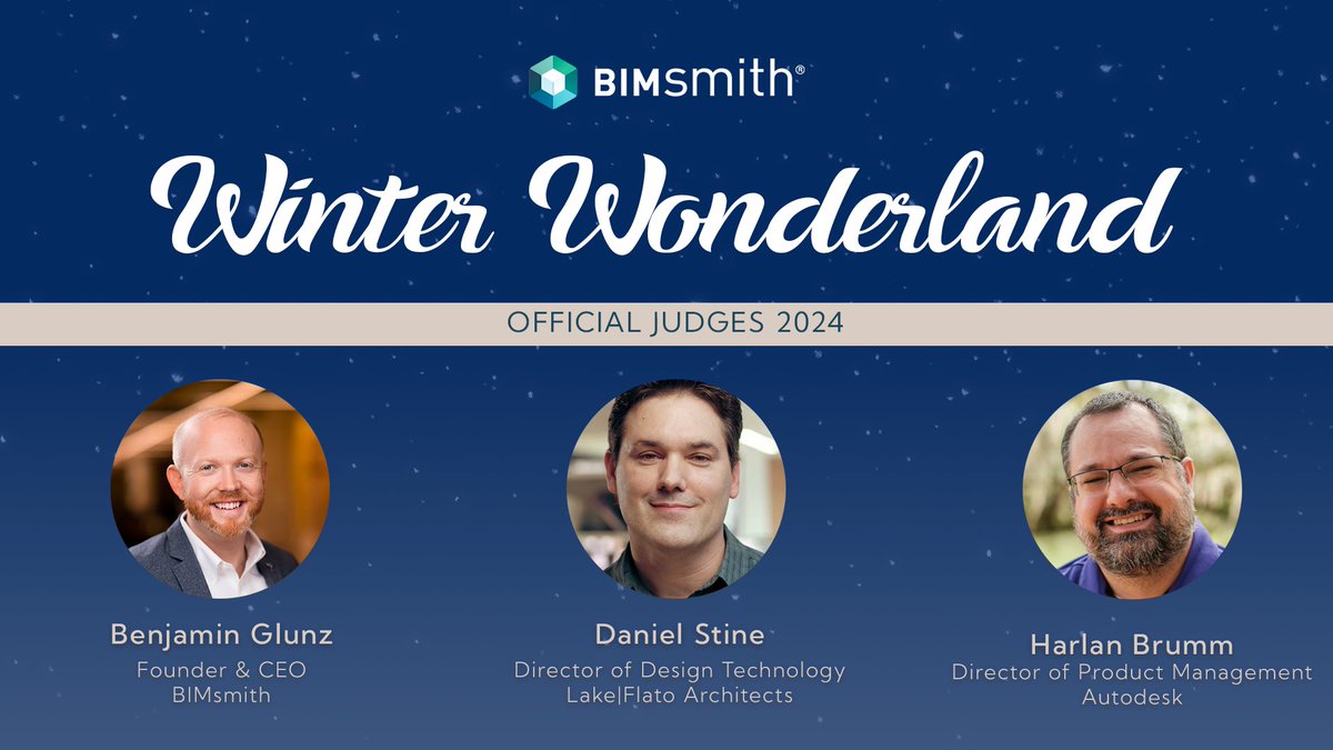 Meet the Judges for the BIMsmith Winter Wonderland 2024! 
▪️ Benjamin Glunz – CEO, BIMsmith
▪️ Daniel Stine – Director of Design Tech, Lake|Flato Architects
▪️ Harlan Brumm – Product Mgmt, Autodesk
🗓️ Submit by Dec 27, 2024
👉 Enter here: blog.bimsmith.com/Introducing-th…