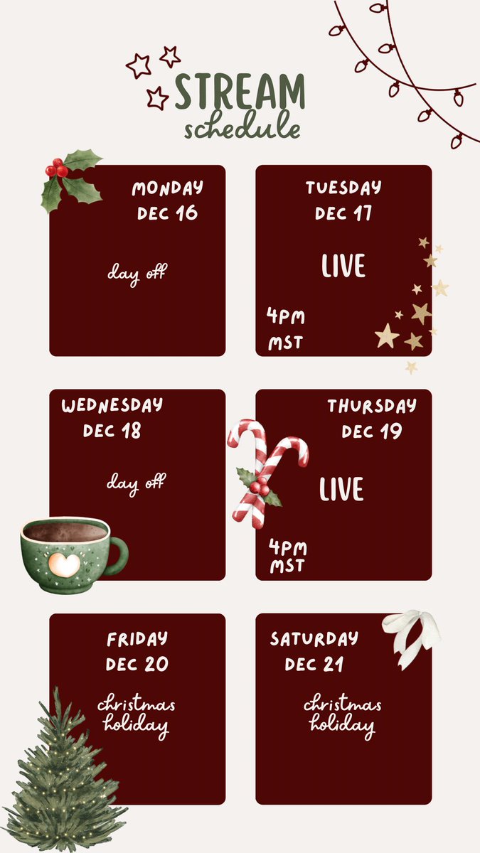 floresiaaaa's tweet photo. this weeks schedule for stream! 🎄
only two days this week so i can finish all my finals and prepare for our holidays away, i hope to see yall there ❤️ https://t.co/MCJA1kvi3u