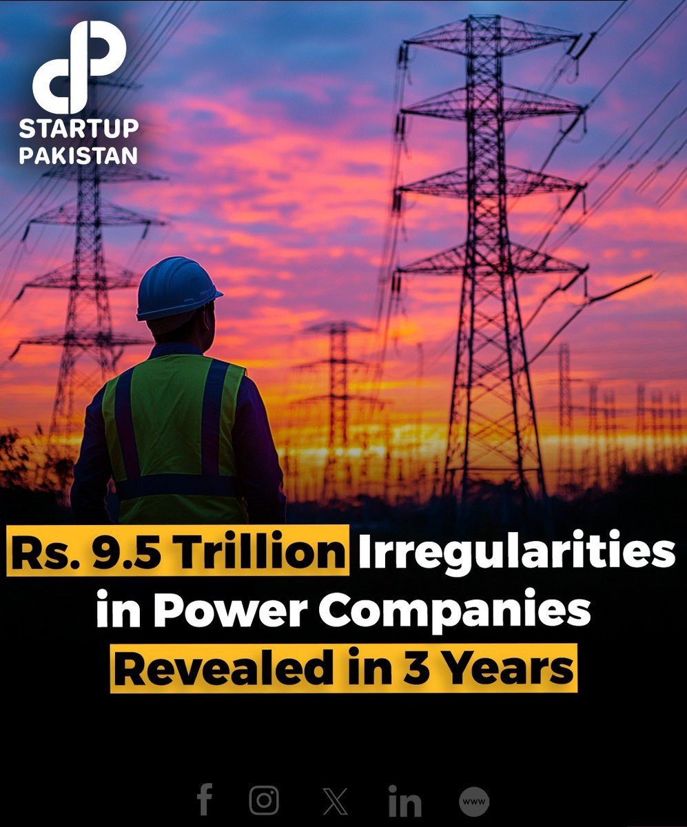 PakStartup's tweet photo. An audit report presented in the National Assembly has revealed financial irregularities exceeding Rs9.5 trillion in Pakistan’s power distribution and generation companies over the past three years. 

#PakistanPowerSector #FinancialIrregularities #AuditReport https://t.co/NAl9mAVstl