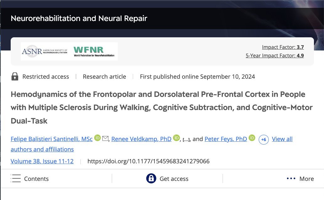 Results from this study on hemodynamics in pre-frontal cortex regions in people with #MultipleSclerosis (MS) during regular &amp; dual-task gait suggest people with MS may have reduced gait automaticity and limited cognitive resources to respond to dual tasks. journals.sagepub.com/doi/abs/10.117…