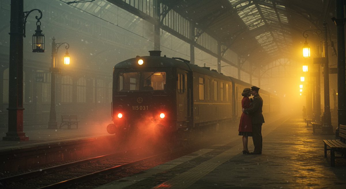 A foggy 1940s European train station at dawn, framed by intricate wrought-iron arches and misted glass windows. Steam rises from the tracks, blending with dense fog. Two lovers stand in an emotional embrace near the train, backlit by the warm, amber glow of dim lanterns. The departing train is partially visible, its red tail lights fading into the mist. The woman wears a faded red coat and clutches a small leather diary, while the man is dressed in a weathered soldier's uniform. Dust motes float in the air, illuminated by the soft golden backlight. The atmosphere is melancholic and timeless...