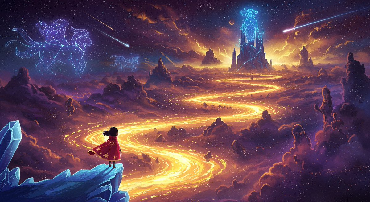A person in a red cape looks over a galaxy of sorts, complete with constellations, shooting stars, rock formations and planets.