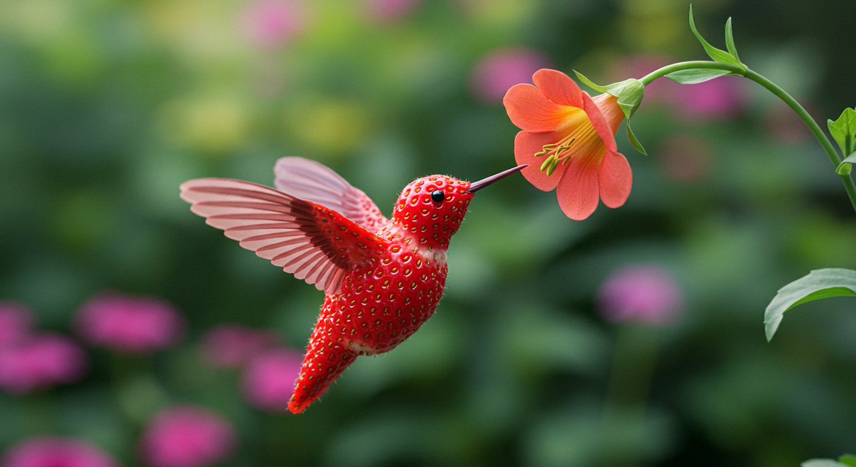 A close-up, macro photography stock photo of a strawberry intricately sculpted into the shape of a hummingbird in mid-flight, its wings a blur as it sips nectar from a vibrant, tubular flower. The backdrop features a lush, colorful garden with a soft, bokeh effect, creating a dreamlike atmosphere.