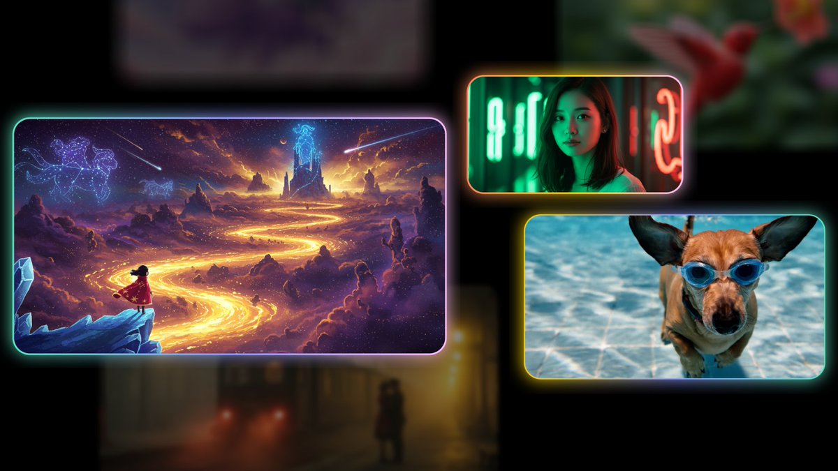 Three different AI generated images in front of an abstract background
