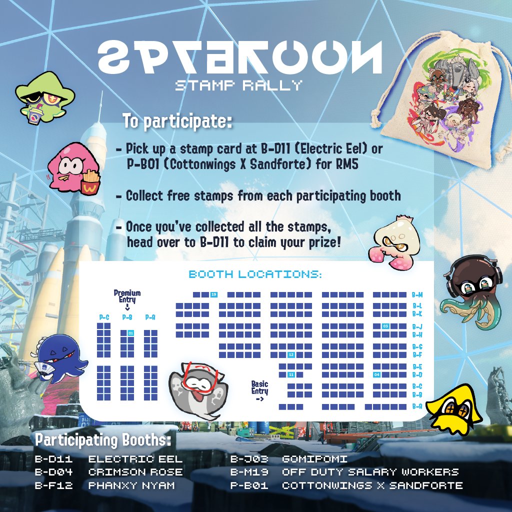 aishasoup's tweet photo. 🦑SPLATOON🐙 STAMP RALLY at #comicfiesta2024 #comicfiesta24 #CF24
hosting it with @phantato! come check out the participating booths :D
B-D11 Electric Eel
B-D04 Crimson Rose
B-F12 phanxy nyam
B-J03 gomipomi
B-M19 Off-Duty Salaryworkers
P-B01 cottonwings x Sandforte
see you soon!! https://t.co/QBiRkZtmw9