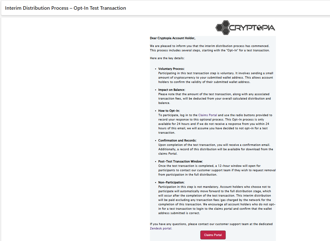 Orbital_Gate's tweet photo. Interim Distribution Process – Opt-In Test Transaction

Dear #Cryptopia Account Holder,

We are pleased to inform you that the interim distribution process has commenced. This process includes several steps, starting with the “Opt-In” for a test transaction.

#GrantthorntonNZ https://t.co/RmXuSPXwzP