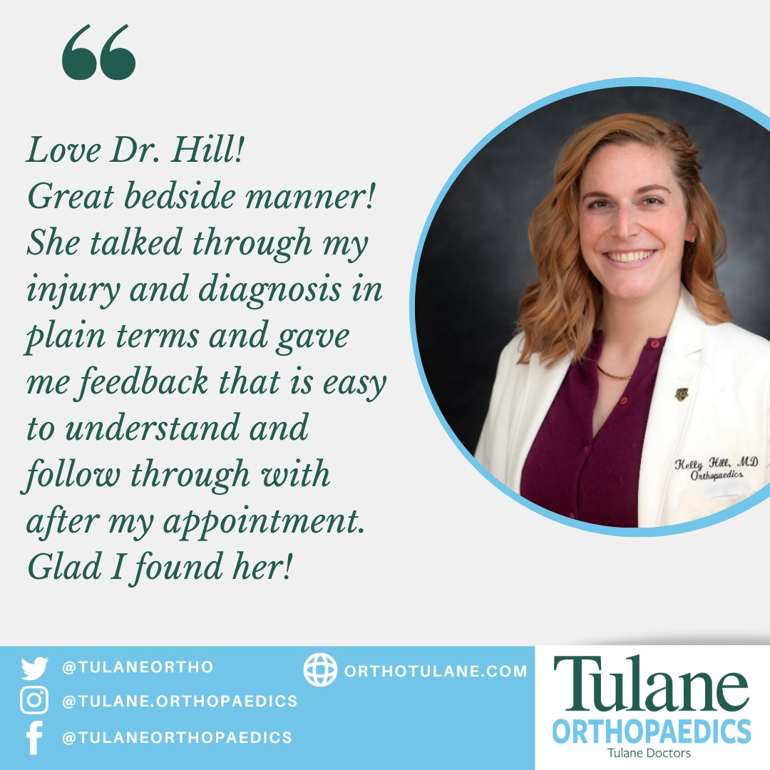 TulaneOrtho's tweet photo. For today's #DoctorSpotlight, we're featuring Dr. Kelly Hill. Look to see what people are saying about her in the community. If you would like to book an appointment with her, call 504-988-8476 or visit https://t.co/PyPD3RbNHP.
#orthotwitter #orthopaedicsurgery #sportsmedicine https://t.co/yCXvUCrmK4