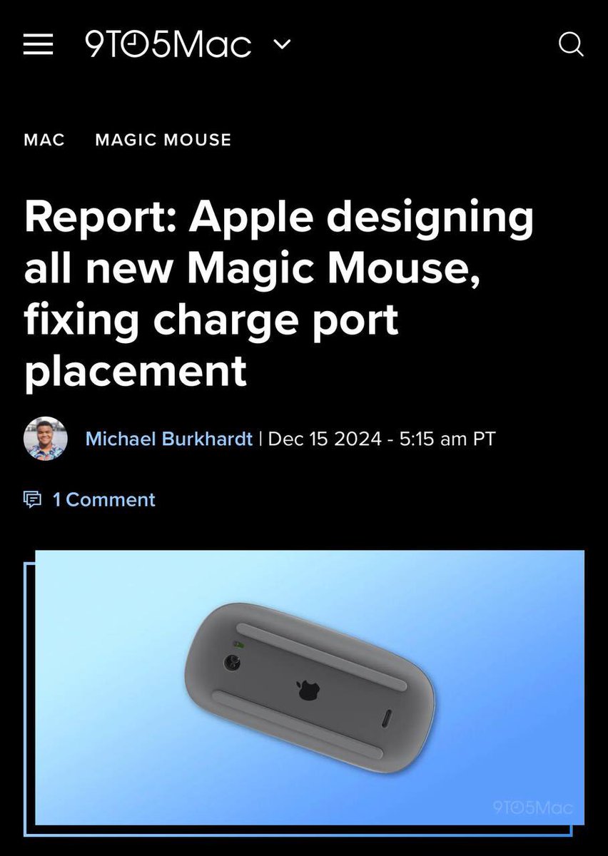 datyshoteam's tweet photo. Progress cannot be stopped: 15 years after the legendary mouse with charging on the bottom, Apple has finally decided it's time for a change.
According to insiders from Bloomberg, the company is actively testing new prototypes. But don't get too excited yet—the redesigned mouse won't be released until 2026.
Apparently, it will take a few more years to find the right place for the charging port.
#Apple #Innovation #TechNews #Design #AppleMouse #Bloomberg #TechTrends