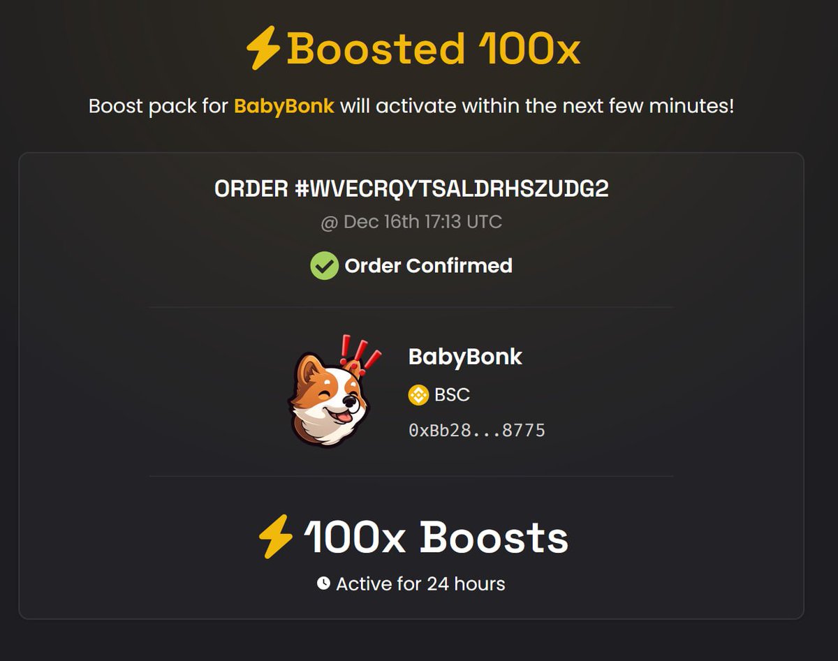 BabyBonkCoin's tweet photo. #BabyBonk was boosted 100x on Dexscreener! https://t.co/krEkLCjfmh