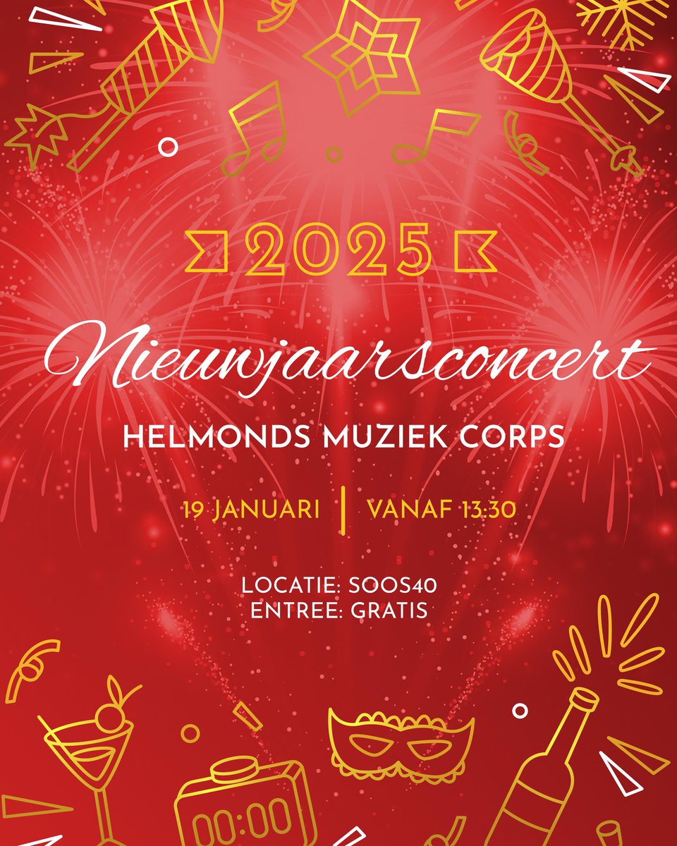 𝗡𝗶𝗲𝘂𝘄𝗷𝗮𝗮𝗿𝘀𝗰𝗼𝗻𝗰𝗲𝗿𝘁 🎆🎶

Knallende kurken, de beste wensen, maar vooral muzikaal vuurwerk! Op zondag
 19 januari luiden de muzikanten van het opleidingsorkest, slagwerkensemble en harmonieorkest graag samen met jou het nieuwe jaar in tijdens het nieuwjaarsconcert.