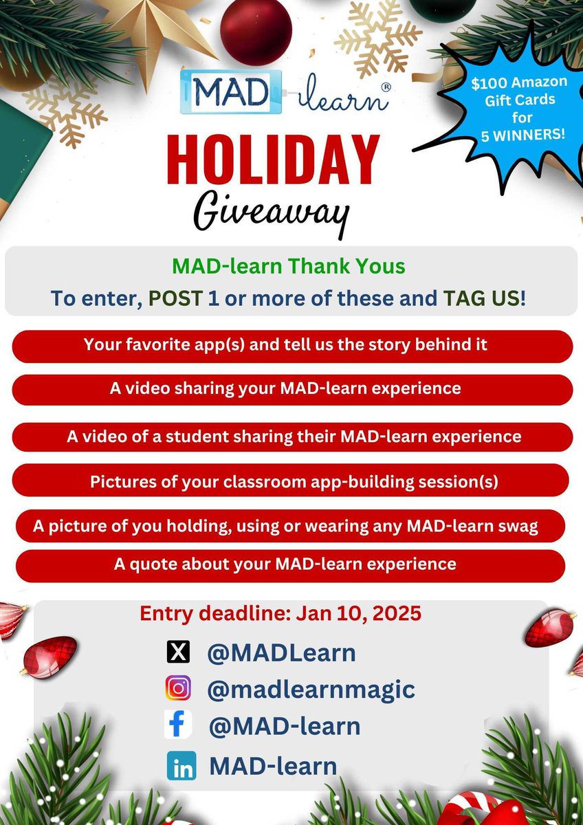 MADLearn's tweet photo. JOIN THE EXCITING HOLIDAY MADness!
We're giving away $100 Amazon gift cards to 5 lucky winners! Winners will be revealed in a live virtual draw on Jan 11, 2025. We can't wait to hear about your inspiring and unique @MADLearn journeys!
#HAPPYHOLIDAYS #appsthatmatter #MADgiveaway https://t.co/dOEjcutqce