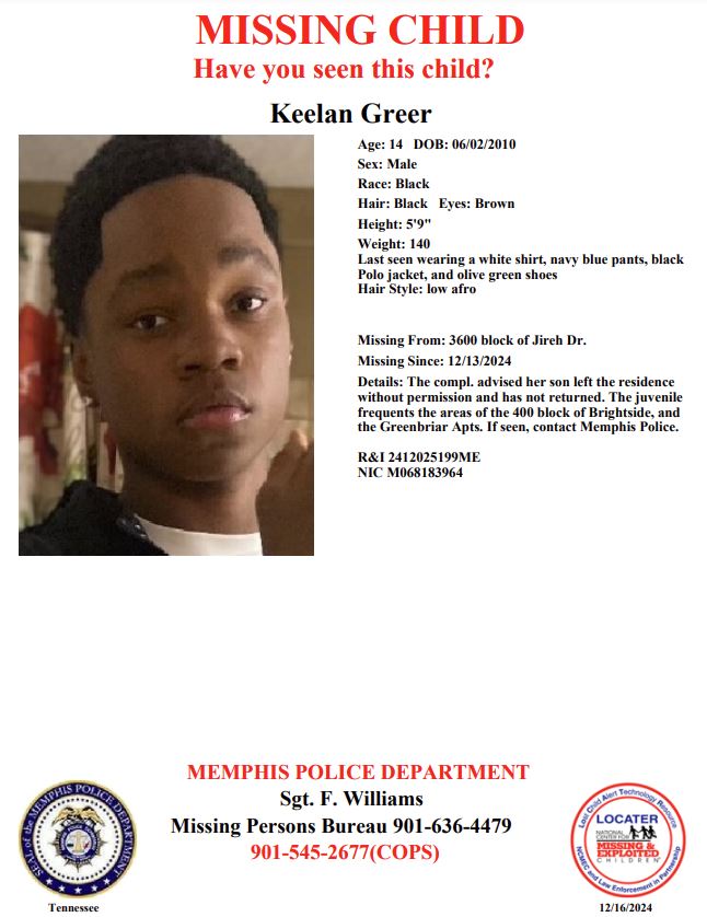 Have you seen Keelan Greer?
Report #2412025199ME