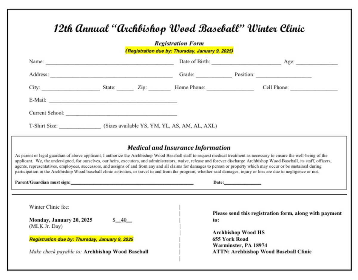 Archbishop Wood Baseball (@woodvikingsbsbl) on Twitter photo Archbishop Wood Baseball is hosting our 12th Annual Winter Clinic on January 20th (MLK, Jr. Day).
100% of the proceeds will be applied toward our 2025 spring training trip to Myrtle Beach!
Questions: Contact Coach Jim DiGuiseppe, Jr.: woodbaseball14@comcast.net Archbishop Wood Baseball is hosting our 12th Annual Winter Clinic on January 20th (MLK, Jr. Day).
100% of the proceeds will be applied toward our 2025 spring training trip to Myrtle Beach!
Questions: Contact Coach Jim DiGuiseppe, Jr.: woodbaseball14@comcast.net