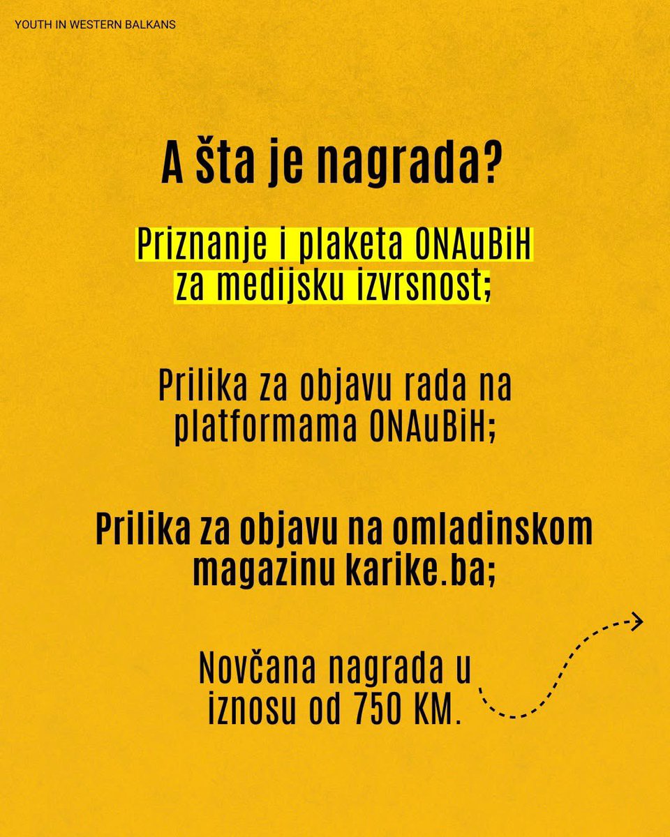 🎉 Prijavi se za #ONAuBiH nagradu za medijsku izvrsnost mladih! 🏆

📌 Kategorije:
✨ Najbolja omladinska novinarska priča
✨ Inovativni pristup medijskoj pismenosti
✨ Digitalni aktivizam

👉 Više info: onaubih.ba/javni-poziv-za…

📥 Pošalji svoj rad do 25.12.2024 i osvoji 750KM!