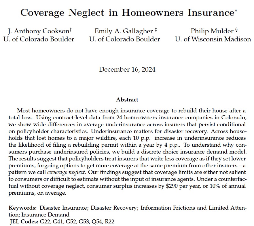 Tony Cookson (@prof_cookson) on Twitter photo 🚨 New working paper! 🦶
"Coverage neglect in homeowners insurance" with @EmilyAGallaghe1 and <a href="/Philipcheesy1/">Philip Mulder</a>
Link: papers.ssrn.com/sol3/papers.cf…
We study the problem of why people underinsure against total losses, a pressing issue as climate events make these more common. 🚨 New working paper! 🦶
"Coverage neglect in homeowners insurance" with @EmilyAGallaghe1 and <a href="/Philipcheesy1/">Philip Mulder</a>
Link: papers.ssrn.com/sol3/papers.cf…
We study the problem of why people underinsure against total losses, a pressing issue as climate events make these more common.