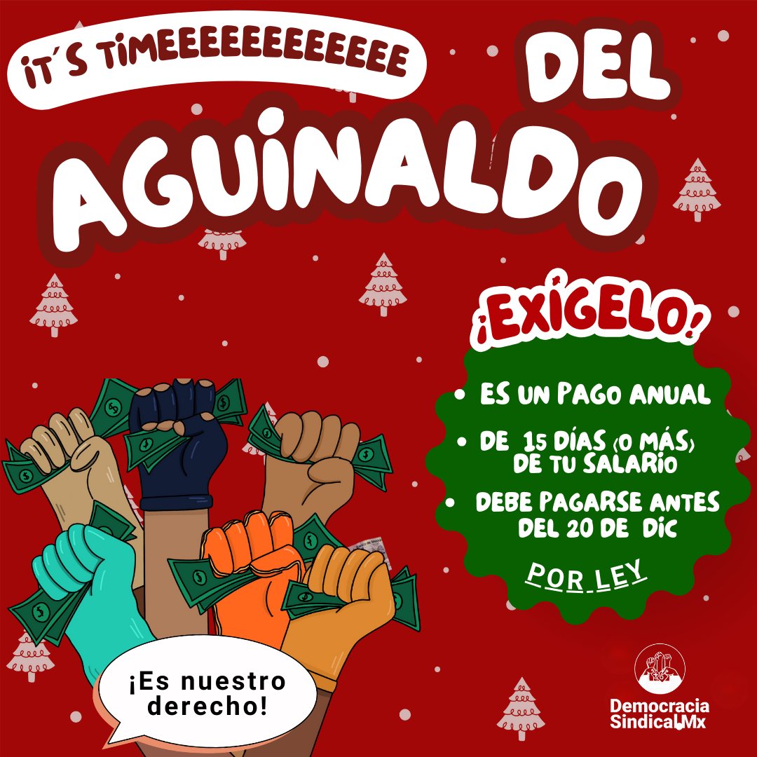 Por fin la bonita época del año para las y los trabajadores llegó🎄🎅... ¡el aguinaldo!💰🤑
Es tu derecho, el Art.87 de la LFT lo avala☝️
Tu #Aguinaldo debe ser equivalente a 15 días de salario, (por lo menos) y recibirlo ANTES del 20 de dic.👀
#FelicesFiestas #Navidad2024 🎉✨🥂