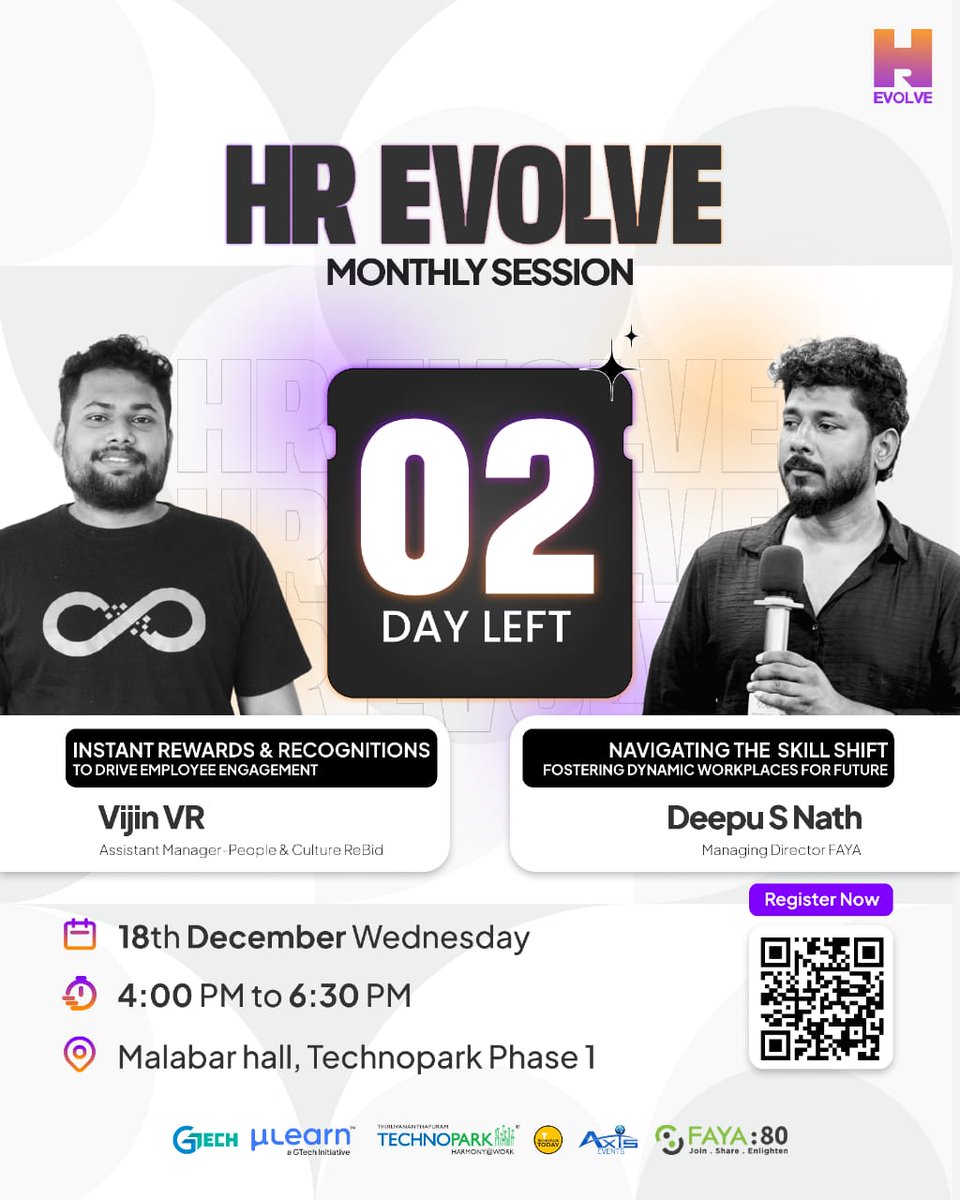 Only 2 days to go! 🚀

Join HR Evolve on Dec 18: 
🔹 ESIC: Aadhar Seeding Camps
🔹 HR Bytes by Vijin VR: Instant Rewards
🔹 Keynote by Deepu S Nath: Navigating Skill Shifts
🕓 4-6:30 PM |  Malabar Hall, Technopark
🔗 Register: mulearn.org/r/hr-workshop
#HREvolve #EmployeeEngagement
